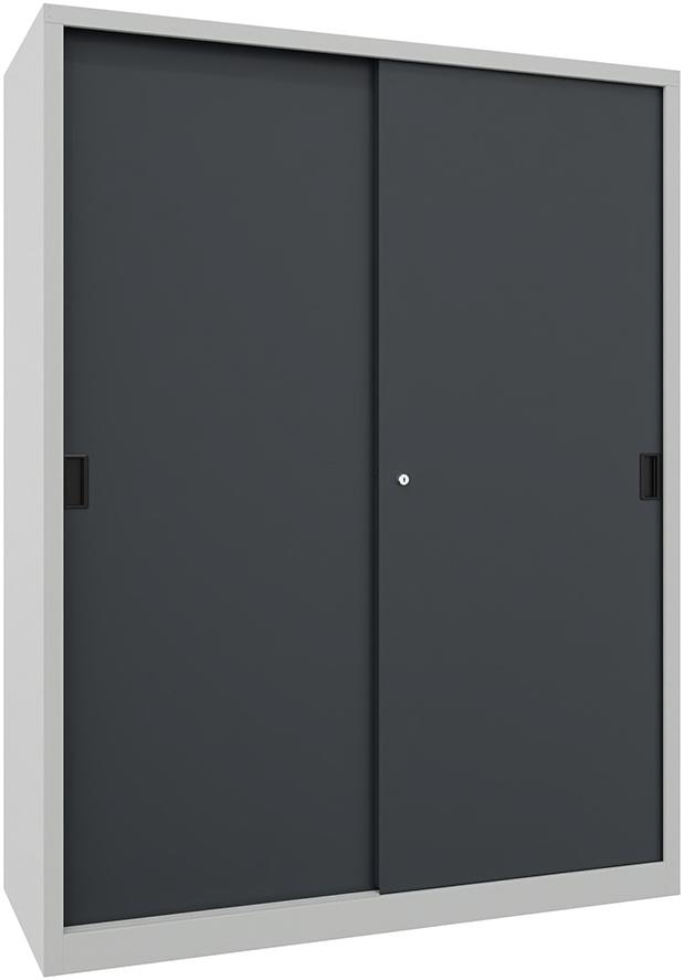 PAVOY Schwerl.-Schiebetü-renschr. m. Bl.-Türen. u.Mittelw. Böd. besch. 150-0x600x1950mm 7035/7016
