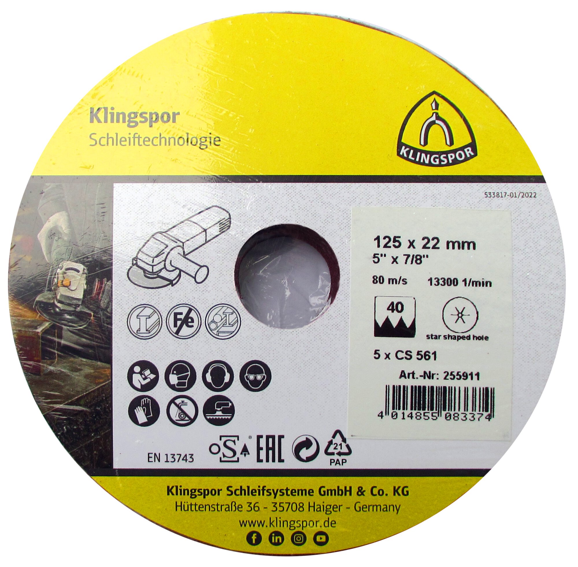 CS 561 Fiberscheiben, 125 x 22 mm Korn 120 Sternloch, SB-verpackt in Folie