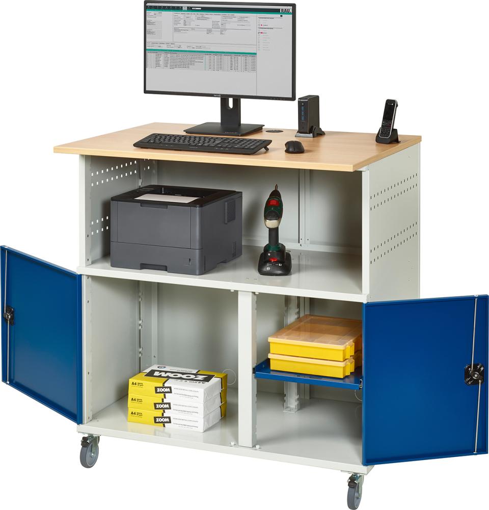 Computer-Tisch B1100xT800xH1100 mm RAL 7035/5010 mobil ohne Monitorgehäuse