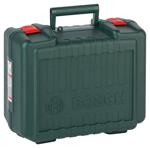 Bosch Werkzeugkoffer aus Kunststoff mit roten Verschlüssen und Tragegriff. Produktbild
