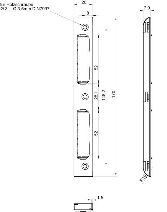 W-Schließbl. 170x20x8 m.Einl.o. Befw.silb. SSF