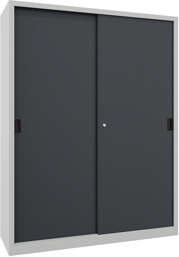 PAVOY Schwerl.-Schiebetü-renschr. m. Bl.-Türen. u.Mittelw. Böd. besch. 150-0x500x1950mm 7035/7016